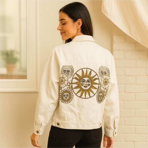 Jackets & Blazers - Cedars Jean Jacket Vintage White Denim Lined Starburst Metalic Gold Womens Sz S